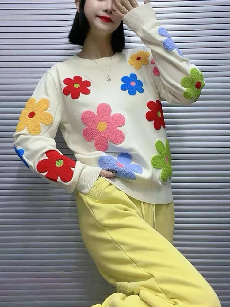 Korean Floral Embroidery Pullover Sweater High Quality Women Elegant O Neck Knitted Tops C-089
