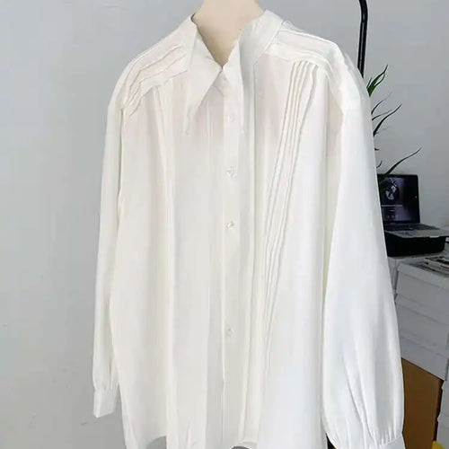 Load image into Gallery viewer, Women White Pleated Big Size Elegant Blouse New Lapel Long Sleeve Loose Fit Shirt Fashion Tide Spring Autumn 2025 1DF0359
