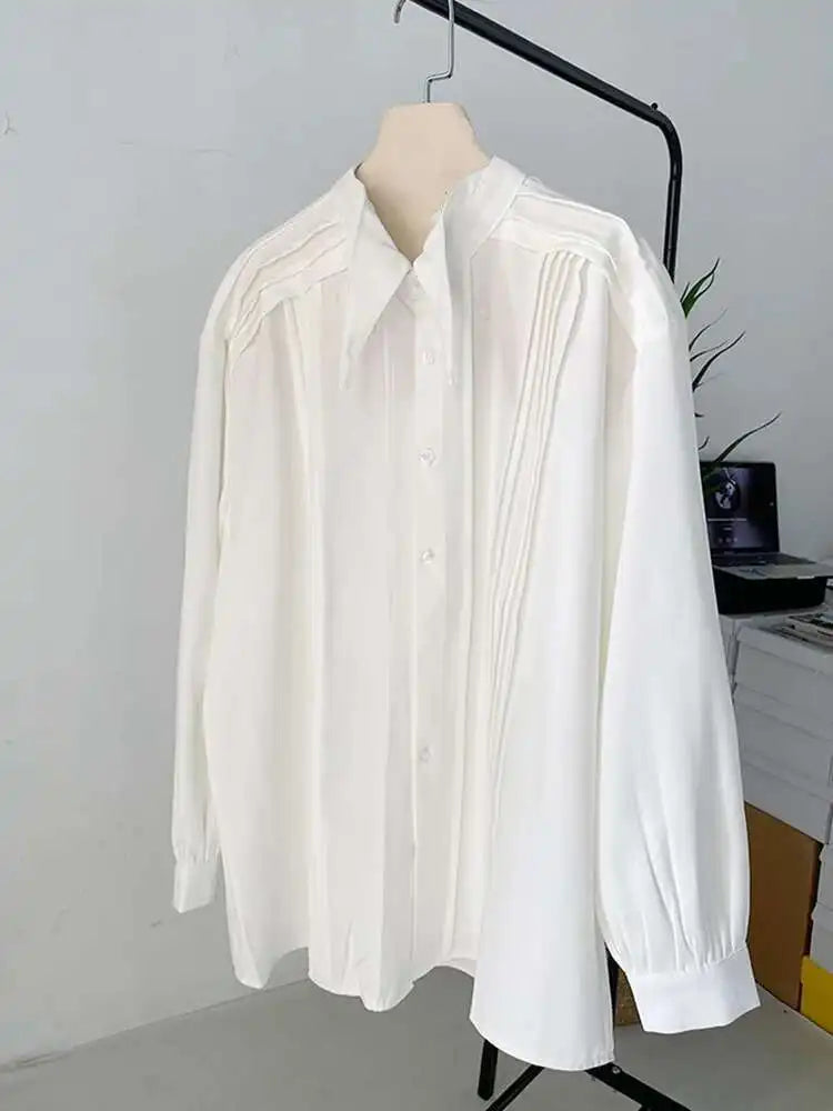 Women White Pleated Big Size Elegant Blouse New Lapel Long Sleeve Loose Fit Shirt Fashion Tide Spring Autumn 2025 1DF0359