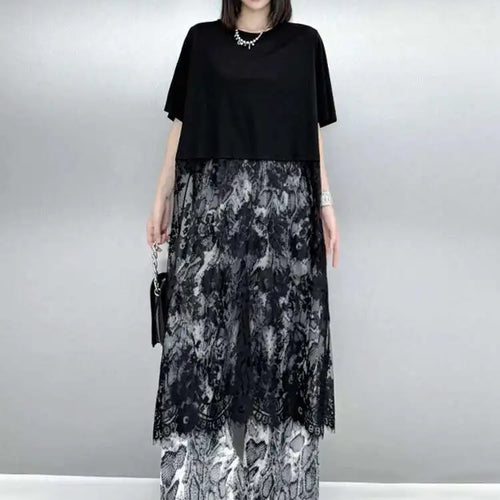 Load image into Gallery viewer, Women Black Hem Lace Perspective Big Size Midi Dress New Round Neck Short Sleeve Fashion Tide Spring Summer 2025 1DH6140
