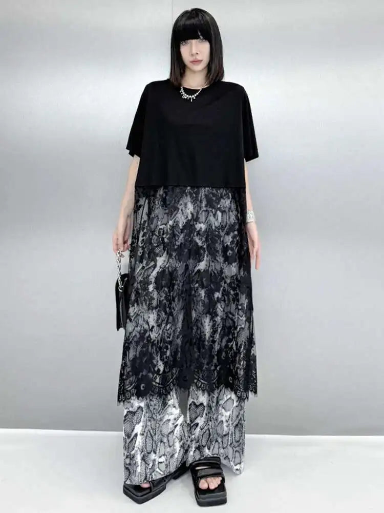 Women Black Hem Lace Perspective Big Size Midi Dress New Round Neck Short Sleeve Fashion Tide Spring Summer 2025 1DH6140