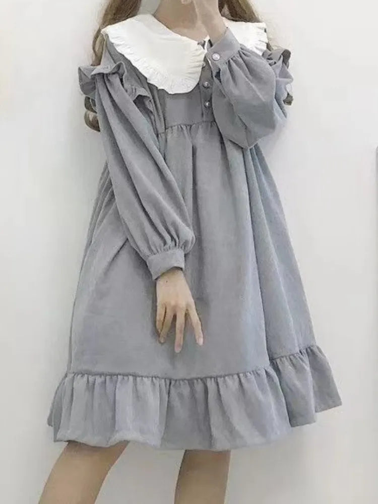 Sweet Kawaii Lolita Dress Ruffles Soft Girl School Student Preppy Style Cute Peter Pan Collar Party Dresses Autumn