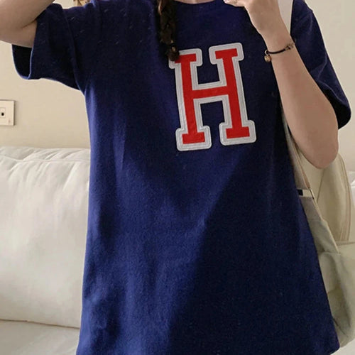 Load image into Gallery viewer, H Letter Embroidered Women&#39;s T-shirts Casual Loose Korean Top Summer Short Sleeve Female T shirt Navy Blue White Cool BF
