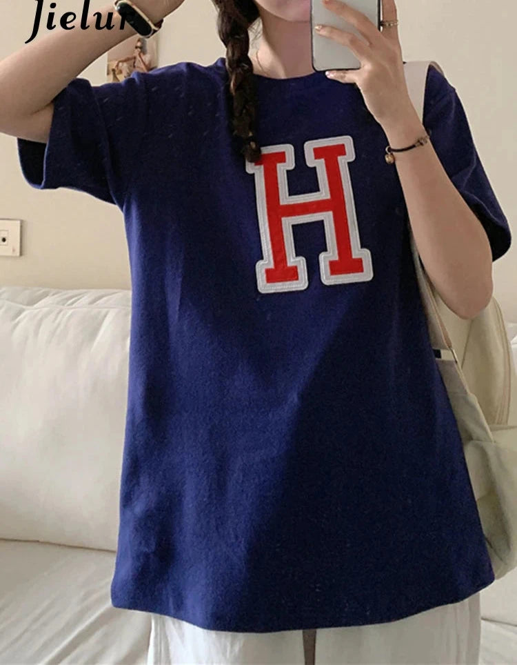 H Letter Embroidered Women's T-shirts Casual Loose Korean Top Summer Short Sleeve Female T shirt Navy Blue White Cool BF