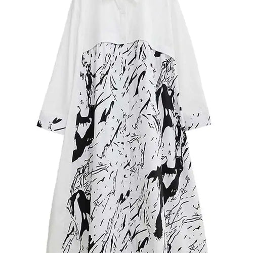 Load image into Gallery viewer, Women White Pattern Printed Big Size Casual Shirt Dress New Lapel Long Sleeve Fashion Tide Spring Autumn 2025 1DH4823
