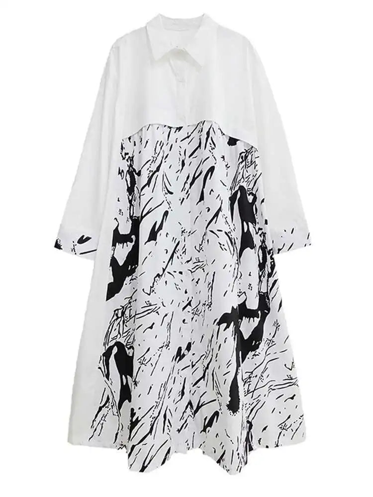 Women White Pattern Printed Big Size Casual Shirt Dress New Lapel Long Sleeve Fashion Tide Spring Autumn 2025 1DH4823