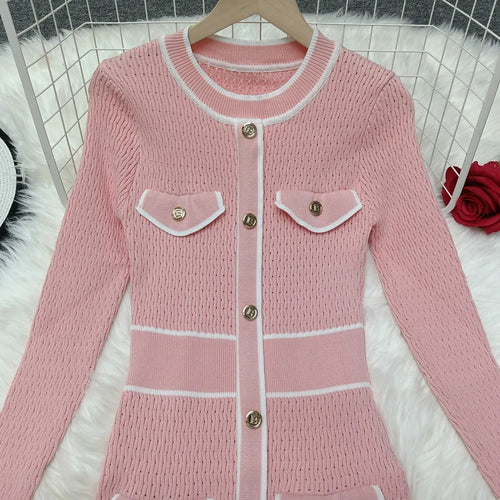 Load image into Gallery viewer, French Women Autumn Winter Patchwork Single Breasted Office Lady Sweater Dress Fashion Round Neck Festival Slim Knitting Dresses
