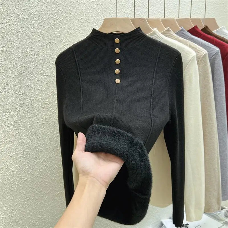 Autumn Winter Korean Fashion Solid Half High Neck Single Breasted Velvet Knit Sweater Women Slim Warm Long Sleeve Pullovers Tops
