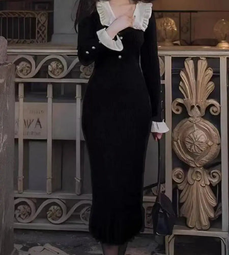 Autumn Winter 2024 Vintage Patchwork Elegant Single Breasted Knit Long Sleeved Dress Women Holiday Slim Ruffles Fishtail Dresses
