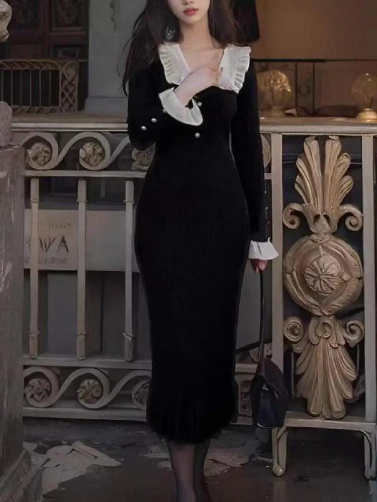 Autumn Winter 2024 Vintage Patchwork Elegant Single Breasted Knit Long Sleeved Dress Women Holiday Slim Ruffles Fishtail Dresses