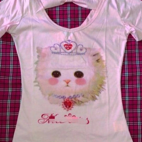 Load image into Gallery viewer, 2025 New Kawaii Cartoon Cat Print Crop Top Summer Sweet Y2k Aesthetic Ins Women T-shirt Japanese Fashion Slim Harajuku Tee Shirt
