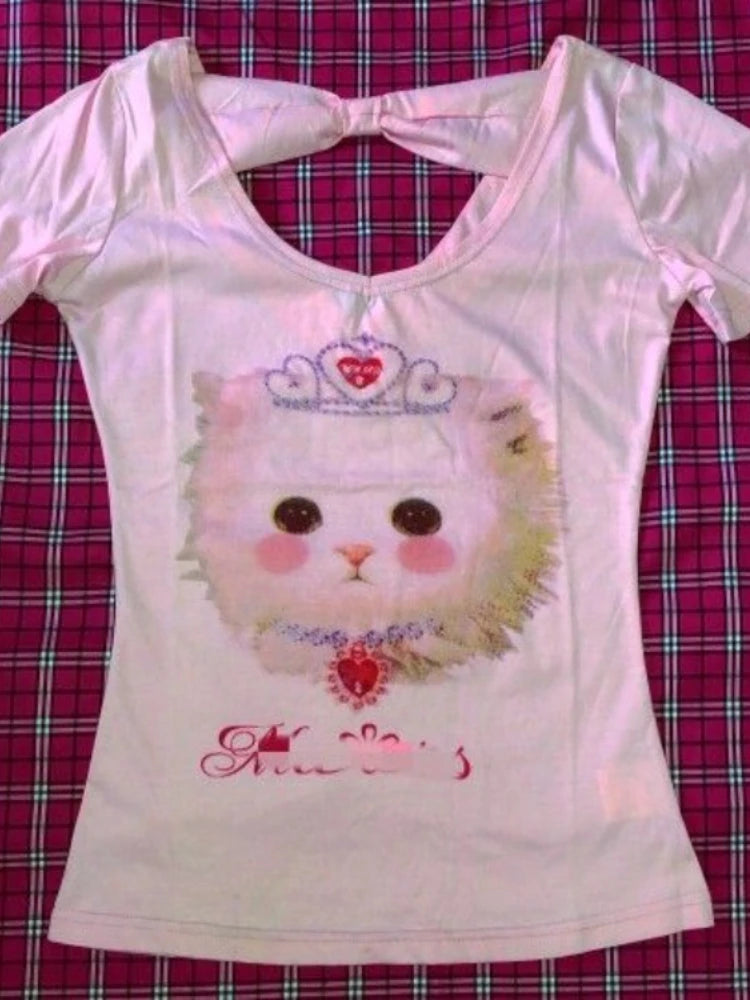 2025 New Kawaii Cartoon Cat Print Crop Top Summer Sweet Y2k Aesthetic Ins Women T-shirt Japanese Fashion Slim Harajuku Tee Shirt