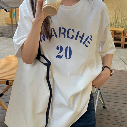 Load image into Gallery viewer, Letter Printed Blue White T shirt Short Sleeve Women Tops Summer Korean Style Basic Simple Fashion Loose Female T-shirt
