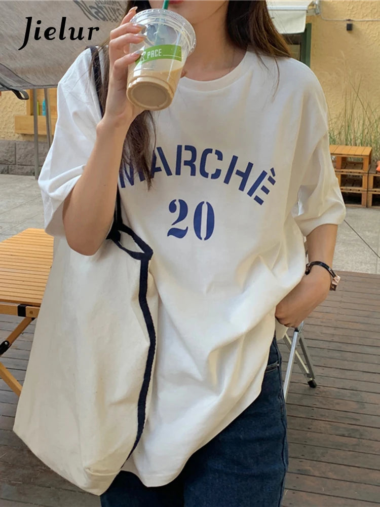 Letter Printed Blue White T shirt Short Sleeve Women Tops Summer Korean Style Basic Simple Fashion Loose Female T-shirt