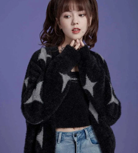 Korean Fashion Black Sweaters Women Star Print Cashmere Cardigan Y2k  Knitted Coats Female Cardigans All Match Sueter Oversized