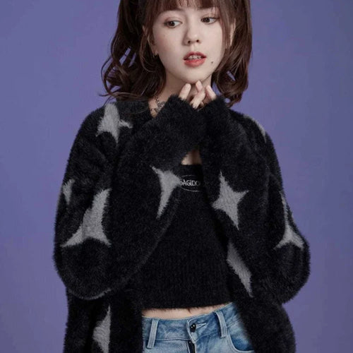 Load image into Gallery viewer, Korean Fashion Black Sweaters Women Star Print Cashmere Cardigan Y2k  Knitted Coats Female Cardigans All Match Sueter Oversized
