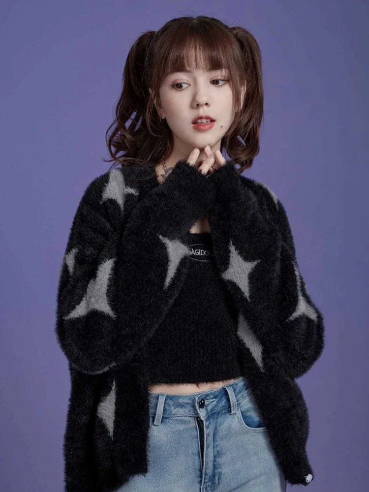 Korean Fashion Black Sweaters Women Star Print Cashmere Cardigan Y2k  Knitted Coats Female Cardigans All Match Sueter Oversized