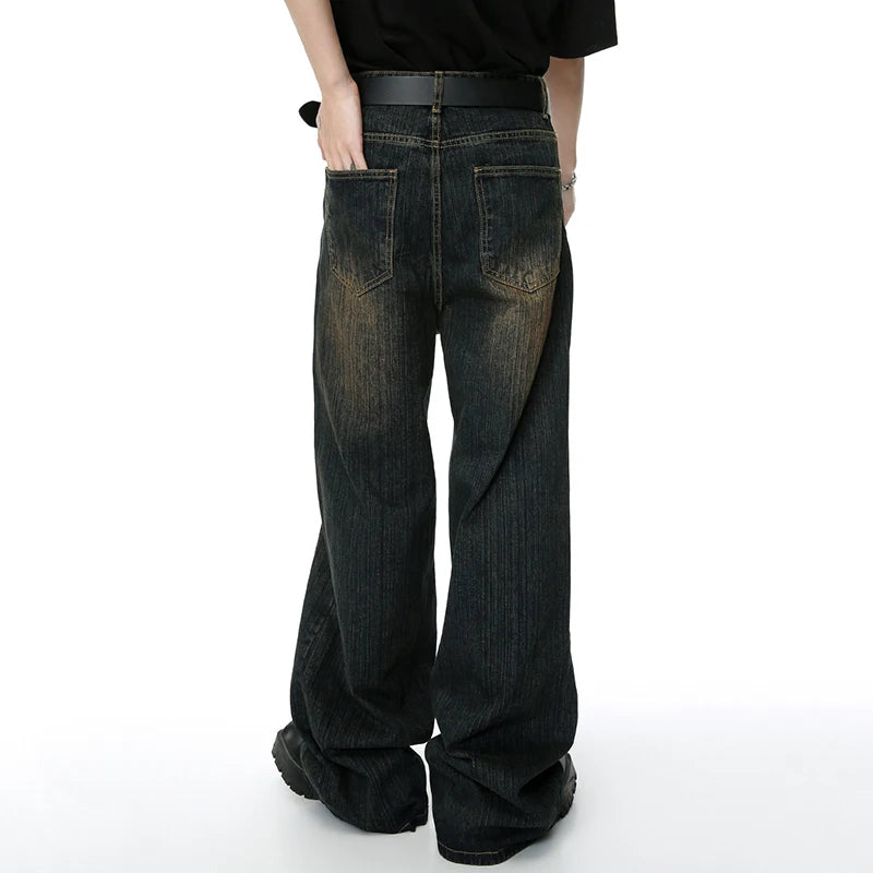 Worn Out Men's Jeans Retro Washed Male Straight Denim Trousers Trendy Gradient Color Wide Leg Pants Spring  9C4274