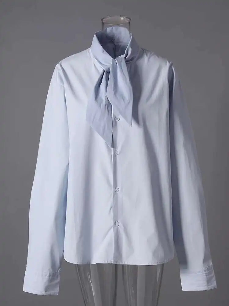 Women Blue Bandage Big Size Elegant Blouse New Stand Collar Long Sleeve Shirt Fashion Tide Spring Autumn 2025 CPG2855