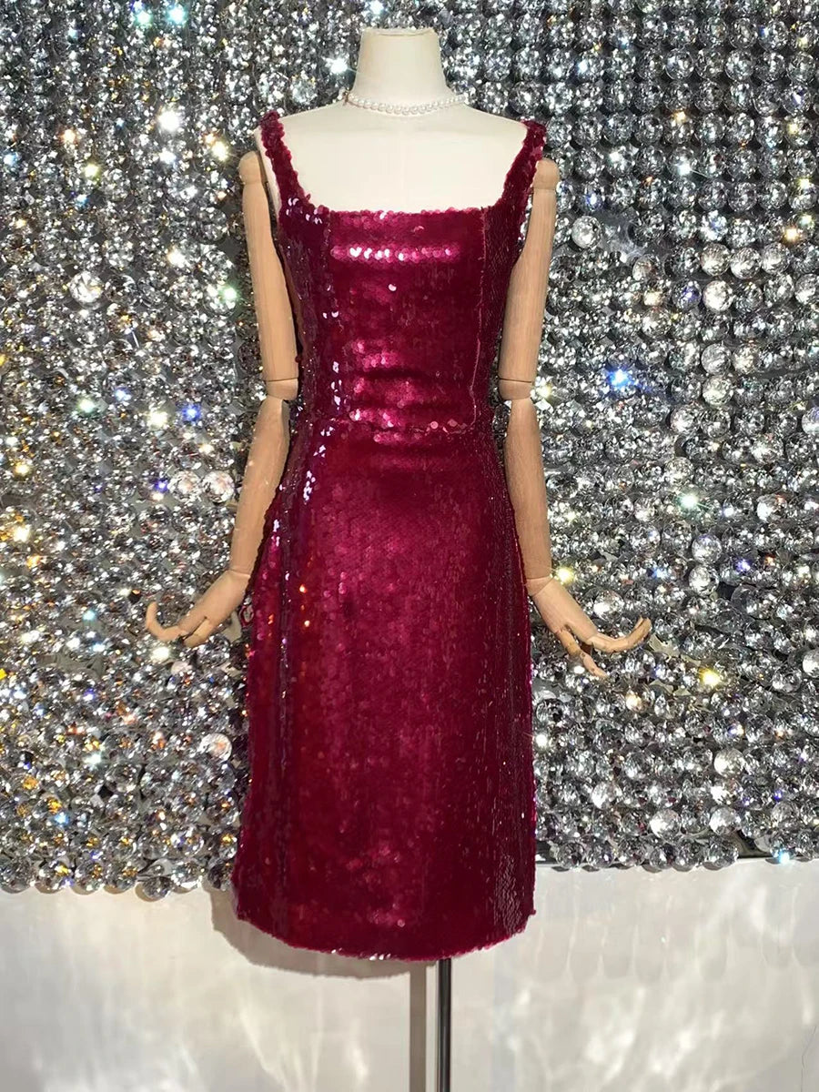 Slimming Spliced Sequins Two Piece Sets for Women Square Neck Sleeveless Top High Waist Skirt Temperament Set Female