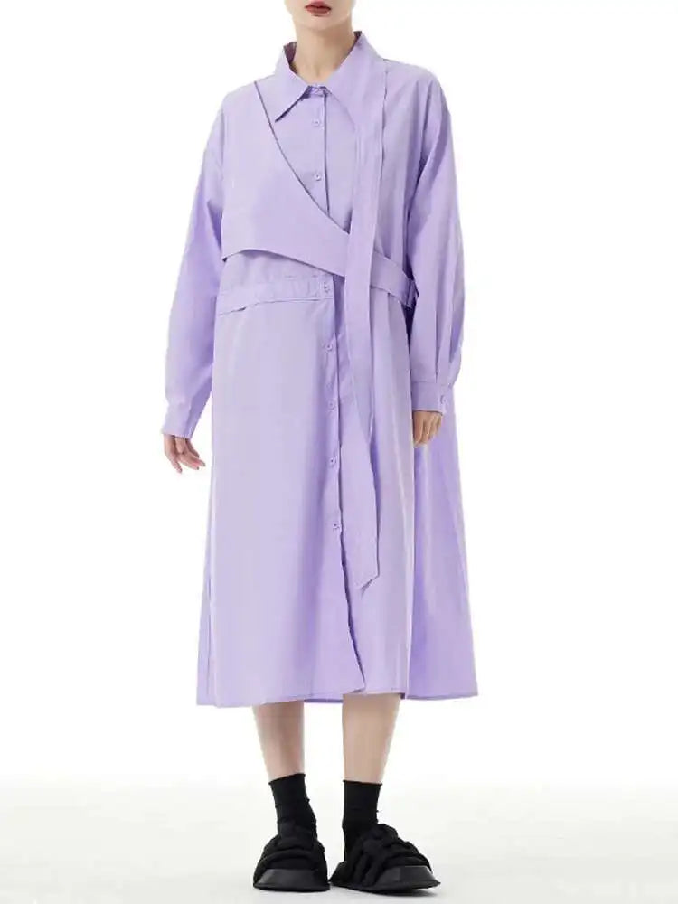 Women Purple Belted Big Size Irregular Midi Shirt Dress New Lapel Long Sleeve Fashion Tide Spring Autumn 2025 1DH5164