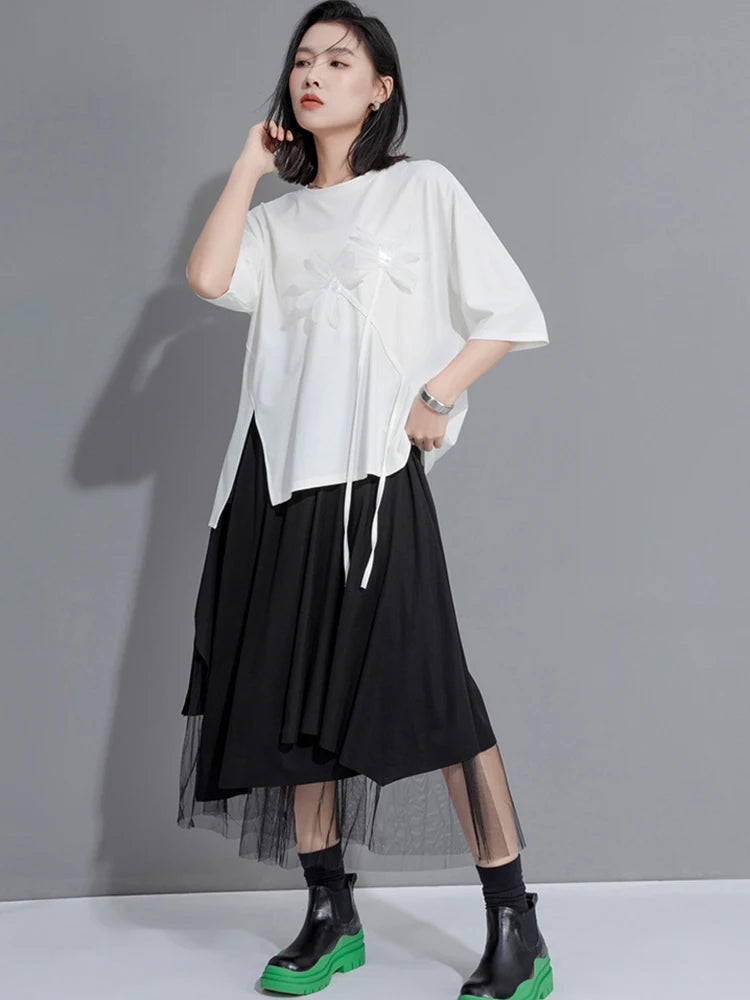 Women Black Flower Ribbon Big Size Casual T-shirt New Round Neck Short Sleeve Fashion Tide Spring Summer 2025 1DH9833