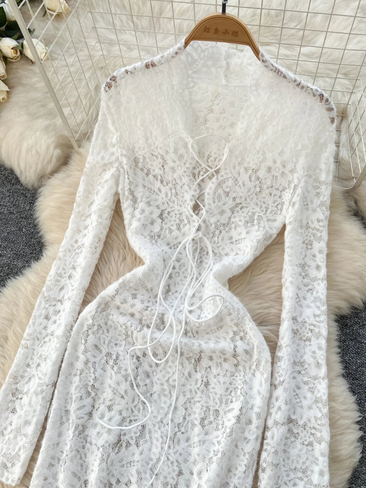 Vintage Women White Lace Hollow Out Bandage Elegant Party Dress French Fashion Long Sleeve Vacation Split Dress 2025 Autumn Chic