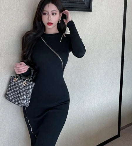 Autumn Black Sexy Club  Round Neck Zipper Dress Women A Line Casual Streets 2023 New Long Sleeved Party Slim Knit Hip Wrap Dress