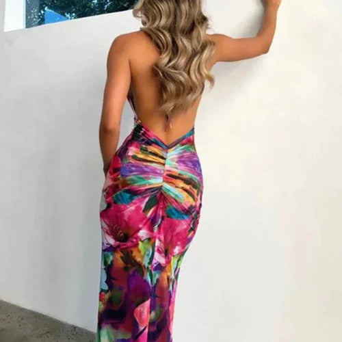 Load image into Gallery viewer, Halter Backless Long Maxi Dress Multicolor Print Mesh See Through Beach Party Dresses Sexy Vacation Outfits C83-BD18
