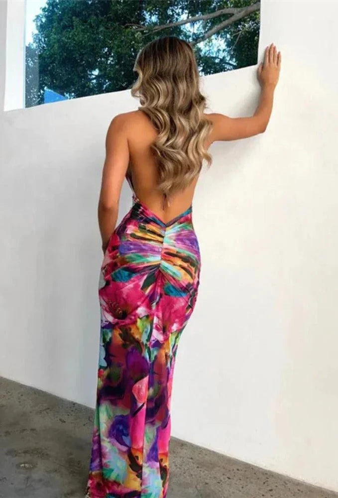 Halter Backless Long Maxi Dress Multicolor Print Mesh See Through Beach Party Dresses Sexy Vacation Outfits C83-BD18