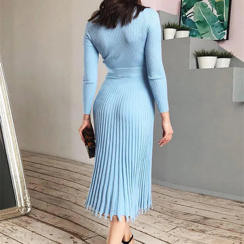 Load image into Gallery viewer, Women Knitted Long Dress Ribbed Elegant Midi Bodycon Sweater Dress Official Ladies Bandage Pleated Dresses Streetweear
