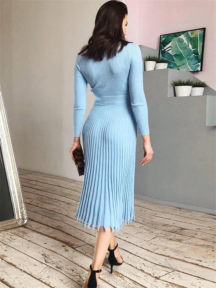Women Knitted Long Dress Ribbed Elegant Midi Bodycon Sweater Dress Official Ladies Bandage Pleated Dresses Streetweear