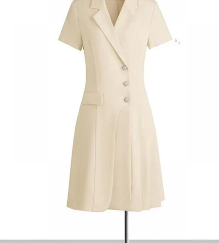 Korean Solid Office Professional Workwear Blazer Dress For Women 2024 Summer Short-sleeve Single Breasted Festival Pleated Dress