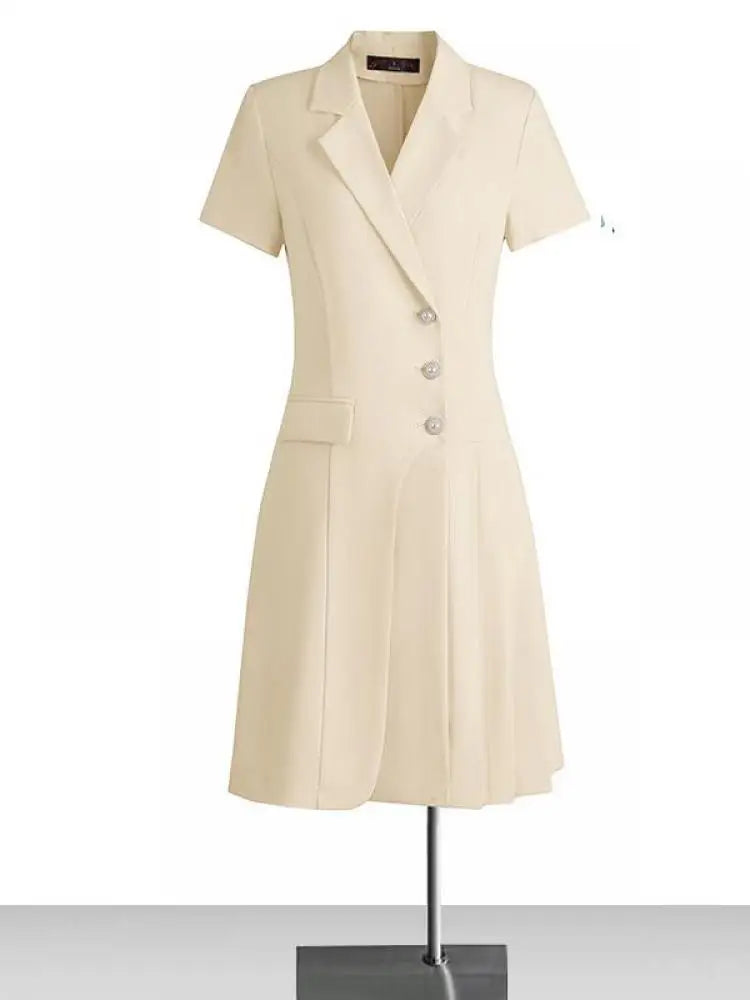 Korean Solid Office Professional Workwear Blazer Dress For Women 2024 Summer Short-sleeve Single Breasted Festival Pleated Dress
