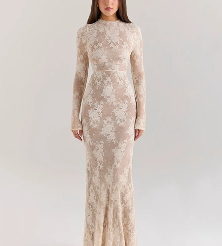 Lace Print Long Sleeve Sexy Maxi Dress For Women White Zipper Half High Collar Bodycon Fashion Elegant Long Dress