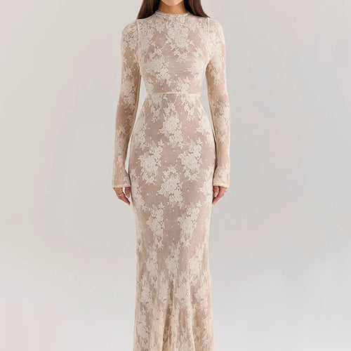 Load image into Gallery viewer, Lace Print Long Sleeve Sexy Maxi Dress For Women White Zipper Half High Collar Bodycon Fashion Elegant Long Dress
