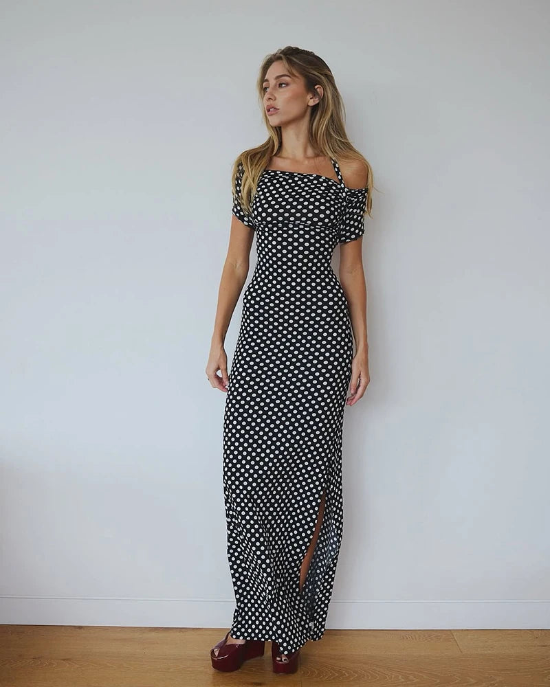 Off-shoulder Polka Dot Maxi Dress For Women Gown Fashion Halter Sleeveless Backless bodycon Split Long Dress Elegant