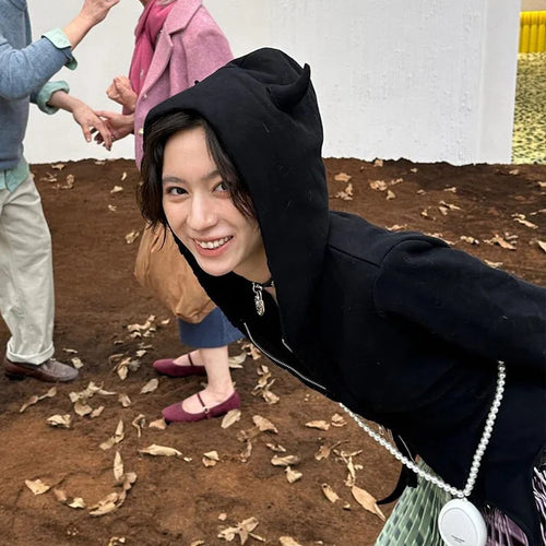 Load image into Gallery viewer, Gothic Little Devil Horn Jacket Women Hooded Zipper Long Sleeve Irregular Hem Autumn Cute Casual Trend Stretch Streetwear
