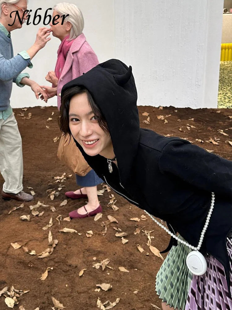 Gothic Little Devil Horn Jacket Women Hooded Zipper Long Sleeve Irregular Hem Autumn Cute Casual Trend Stretch Streetwear