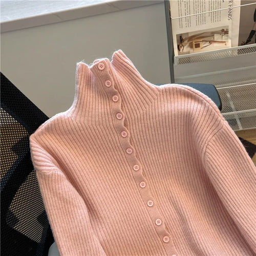 Load image into Gallery viewer, Women Beige Elegant Knitted Half High Neck Sweater Autumn Winter Pink Basic Slim Single Breasted Pullovers Tops Simplicity Retro
