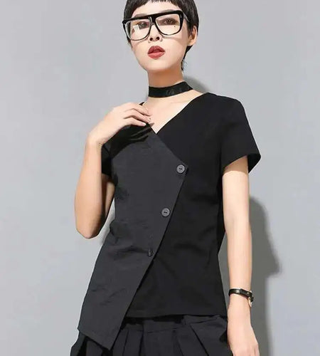 Women Black Irregular Slit Color-block Big Size T-shirt New V-Neck Short Sleeve Fashion Tide Spring Summer 2025 1DE9320