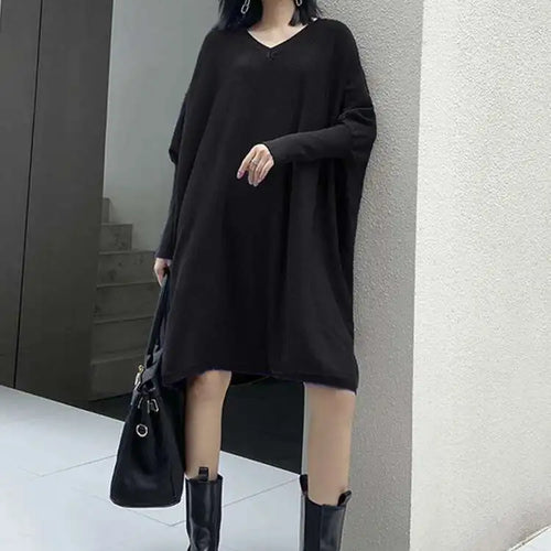 Load image into Gallery viewer, Women Blue Knitting Big Size Mini Dress New V-Neck Long Batwing Sleeve Loose Fit Fashion Tide Spring Autumn 2025 1DF9758
