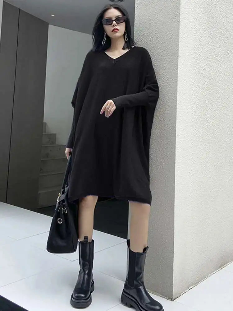 Women Blue Knitting Big Size Mini Dress New V-Neck Long Batwing Sleeve Loose Fit Fashion Tide Spring Autumn 2025 1DF9758