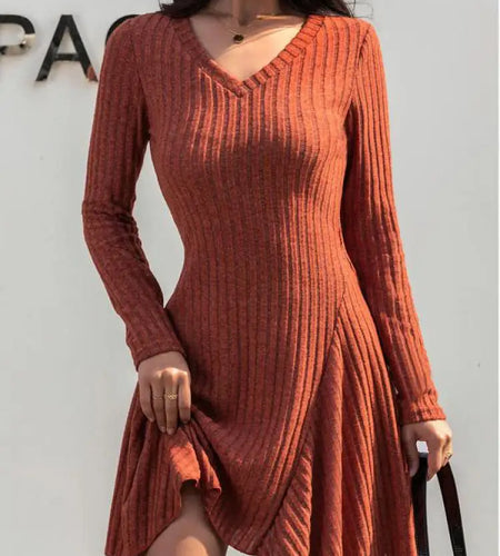 Autumn Winter Korean Trend Orange V Neck Sexy Elegant Slim Long Sleeve Short Dress Women Retro Knitted Mini Dress Popular Casual