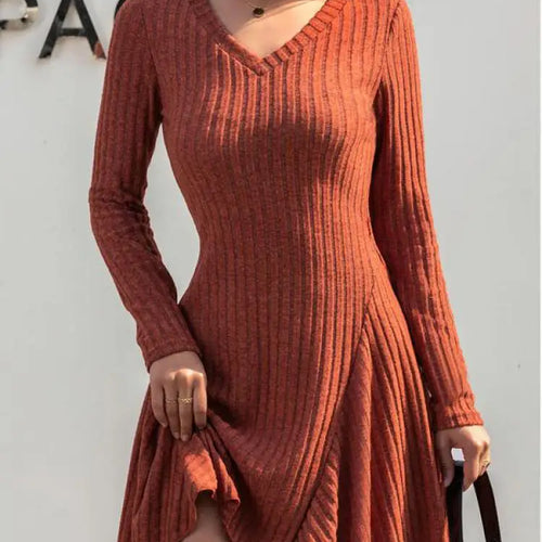 Load image into Gallery viewer, Autumn Winter Korean Trend Orange V Neck Sexy Elegant Slim Long Sleeve Short Dress Women Retro Knitted Mini Dress Popular Casual
