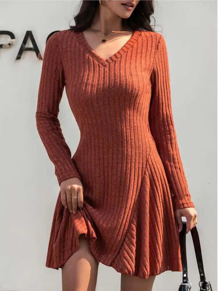 Autumn Winter Korean Trend Orange V Neck Sexy Elegant Slim Long Sleeve Short Dress Women Retro Knitted Mini Dress Popular Casual