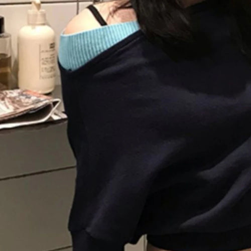 Load image into Gallery viewer, 2025 Women Knitted Patchwork Skew Collar T-shirts Y2k Aesthetic Batwing Sleeve Sexy Tops Streetwear Vintage Grunge Cropped Tees
