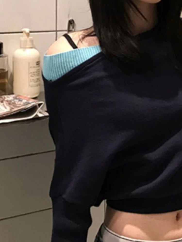 2025 Women Knitted Patchwork Skew Collar T-shirts Y2k Aesthetic Batwing Sleeve Sexy Tops Streetwear Vintage Grunge Cropped Tees