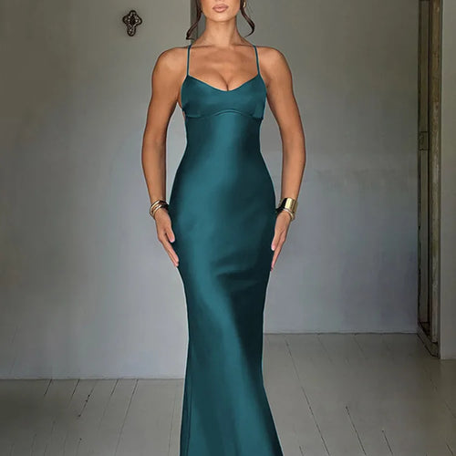 Load image into Gallery viewer, Sexy Spaghetti Strap Bodycon Satin Dress With Open Back Lace Up Female Long Dress Elegant Party Club Evening Dress 2024
