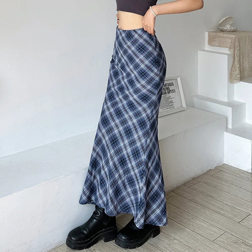 Load image into Gallery viewer, Vintage Korean Plaid Skirt Female Slim Slit Autumn Elegant Preppy Style Long Skirt Outfits Basic Y2K Aesthetic Bottom
